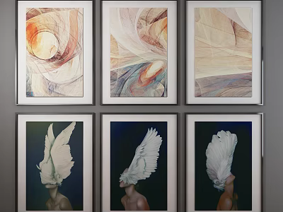 Multiple Framed Figurative Paintings Featuring White Winged Figures And Abstract Backgrounds 3d model