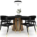Round Black Marble Dining Table Set With Wooden Legs Gold Accent Chairs And Hanging Lamp