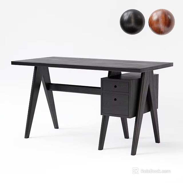 Minimalist Black Wooden Desk With Two Drawer Cabinet And Tapered Legs 3d model 