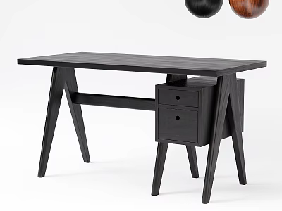 Minimalist Black Wooden Desk With Two Drawer Cabinet And Tapered Legs 3d model