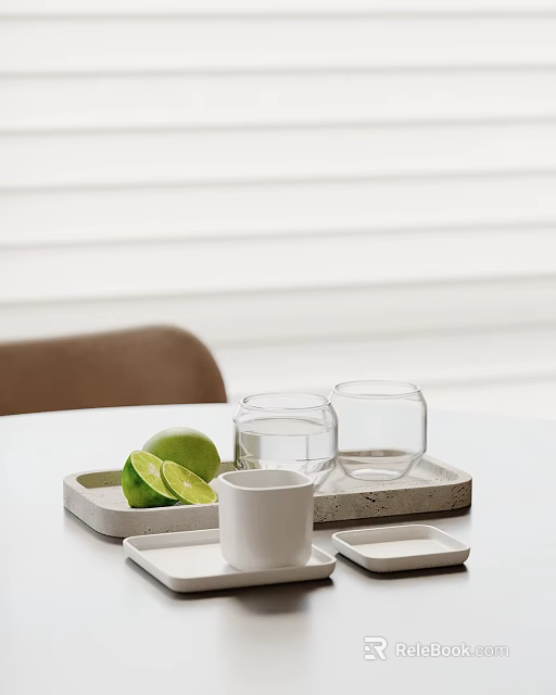 Minimalist Decorative Ornament Set With Clear Glass Cups White Cup Lime And Light Gray Tray 3d model 