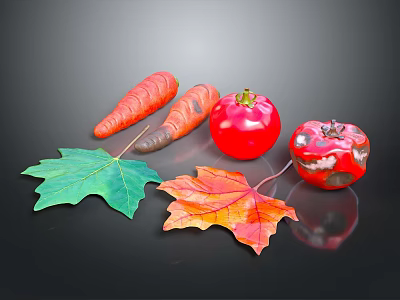 Fresh Vibrant Vegetables Carrots And Tomatoes With Decorative Green And Autumn Leaves 3d model