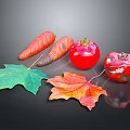 Fresh Vibrant Vegetables Carrots And Tomatoes With Decorative Green And Autumn Leaves