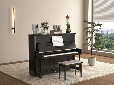 Instruments and Art Supplies Featuring Black Upright Piano Sheet Music Sculpture and Potted Plant 3d model