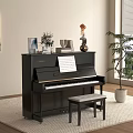 Instruments and Art Supplies Featuring Black Upright Piano Sheet Music Sculpture and Potted Plant