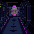 Cartoon Scene Of Futuristic Sci Fi Corridor With Purple Lighting Symmetric Structures And Blue Floor