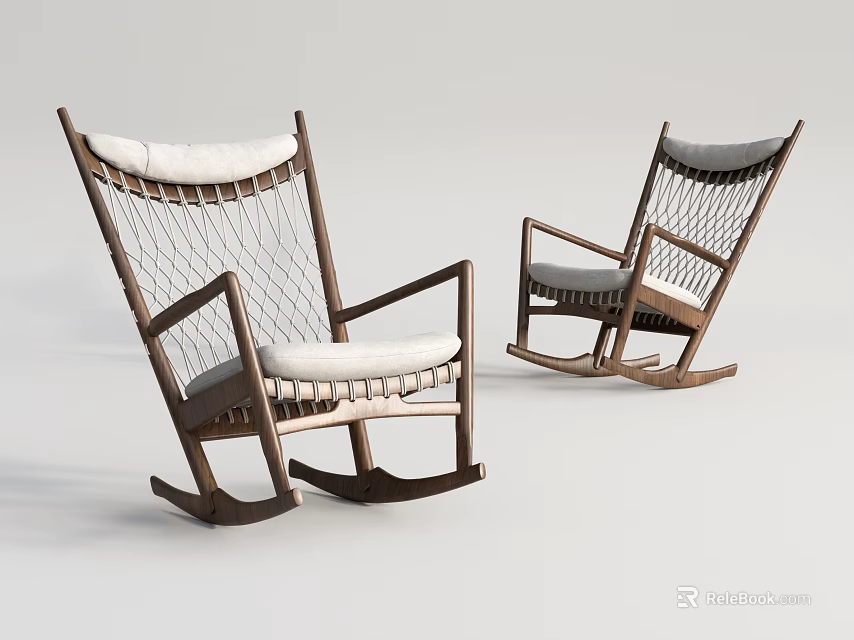 Set of Two Modern Rocking Chairs With Wooden Frame Woven Mesh And White Cushion 3d model 