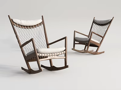 Set of Two Modern Rocking Chairs With Wooden Frame Woven Mesh And White Cushion 3d model