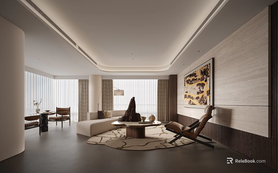 Elegant Modern Living Room Interior Design With Sofa Coffee Table Rug And Wall Artwork 3d model 