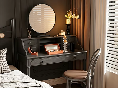 Black Vanity with Round Mirror Vase Flowers Photo Frame and Chair in Cozy Bedroom 3d model