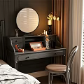 Black Vanity with Round Mirror Vase Flowers Photo Frame and Chair in Cozy Bedroom