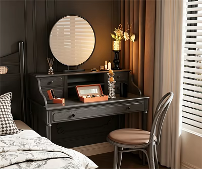 Black Vanity with Round Mirror Vase Flowers Photo Frame and Chair in Cozy Bedroom 3d model