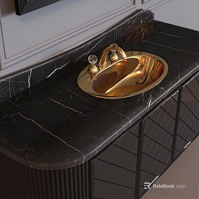 Modern Luxury Washbasin Design With Golden Basin And Black Marble Countertop And Cabinet 3d model 