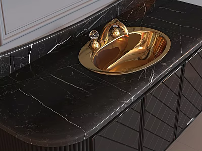 Modern Luxury Washbasin Design With Golden Basin And Black Marble Countertop And Cabinet 3d model