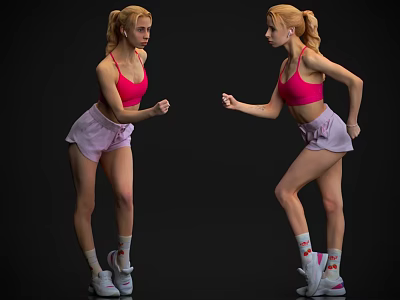 Woman in pink sports bra and light shorts doing dynamic exercise pose with sneakers 3d model