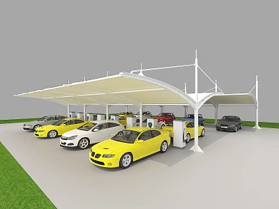 Modern Tensile Membrane Carport Shading Multiple Vehicles In Outdoor Parking Lot 3d model