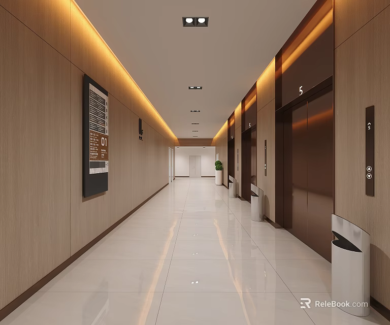 Modern Elevator Hallway with Light Wooden Walls Ceiling Light Strips Elevator Doors Sleek Floor 3d model 