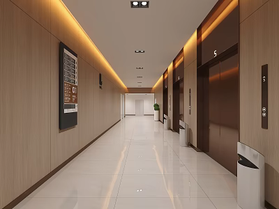 Modern Elevator Hallway with Light Wooden Walls Ceiling Light Strips Elevator Doors Sleek Floor 3d model