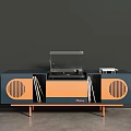 Modern Retro TV Stand With Blue Orange Design Record Player Storage And Wooden Legs