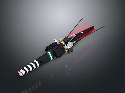 Traditional Katana Weapon With Red Blade Black White Striped Hilt And Gold Accents 3d model