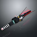Traditional Katana Weapon With Red Blade Black White Striped Hilt And Gold Accents