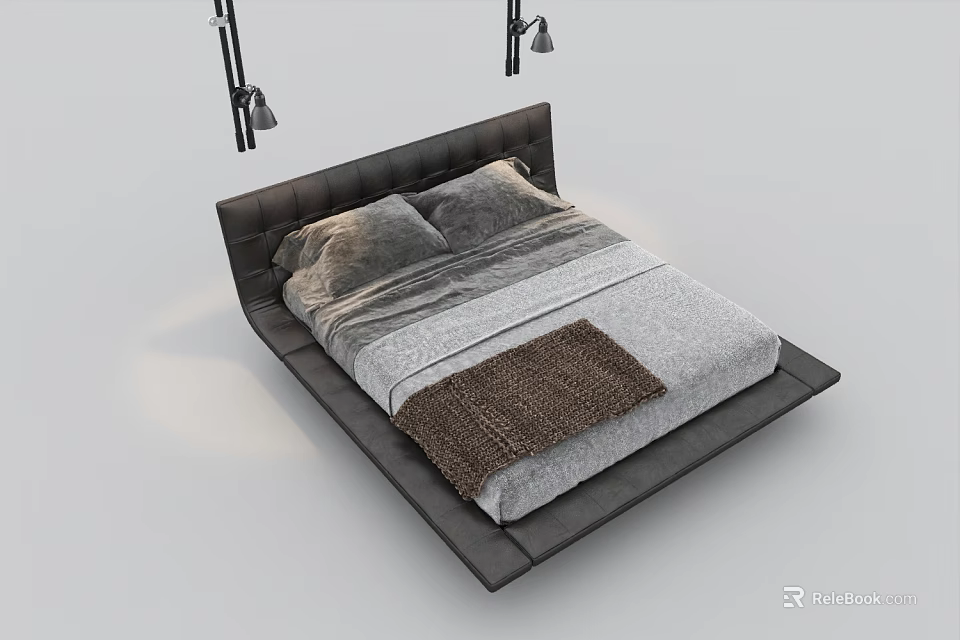 Modern Double Bed Design With Leather Headboard Gray Bedding And Brown Blanket 3d model 