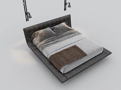 Modern Double Bed Design With Leather Headboard Gray Bedding And Brown Blanket 3d model