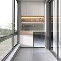 Modern Home Balcony Design With White Cabinets Sink Dishwasher Shelf Strip Lighting And Outside View