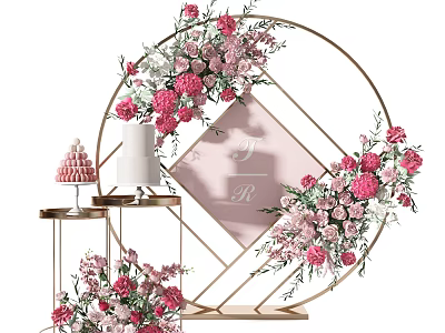 Elegant Wedding Floral Decoration with Gold Circular Frame Pink Flowers Monogram and Cake Stand 3d model