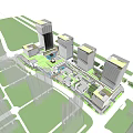 Modern Office Building Complex With Glass Curtain Walls Rooftop Garden Plaza And Water Pool