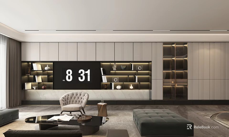 Modern Living Room Interior With Smart TV White Cabinets Beige Armchair Round Coffee Table 3d model 