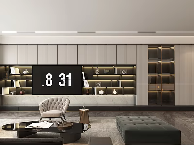Modern Living Room Interior With Smart TV White Cabinets Beige Armchair Round Coffee Table 3d model