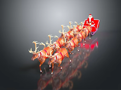 Santa Claus Riding Red Sleigh Pulled By Multiple Flying Reindeer 3d model
