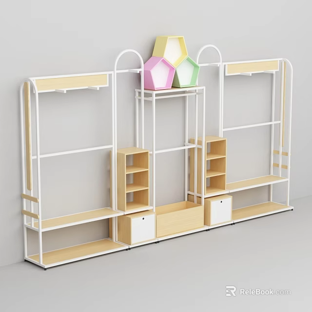 Clothing Store Display Racks With Wooden White Design Hanging Areas Shelves And Colorful Hexagon Decor 3d model 