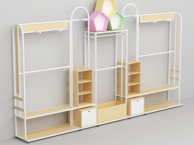 Clothing Store Display Racks With Wooden White Design Hanging Areas Shelves And Colorful Hexagon Decor 3d model