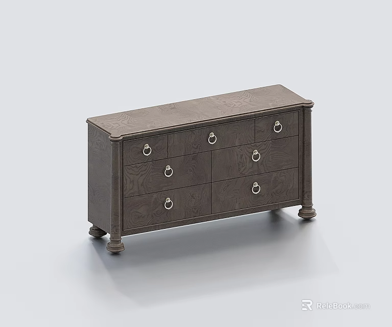 Dark Brown Drawer Chest with Carved Details and Metal Handles Elegant Leg Design 3d model 
