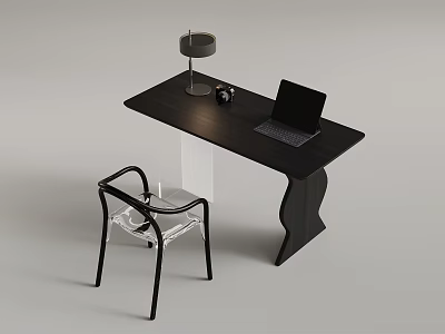 Modern Black Desk With Transparent Chair Table Lamp And Laptop Setup 3d model