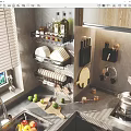 Modern Kitchen Storage Rack With Spice Bottles Plates And Knives On Countertop