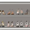 Stylish High Heel Shoes In Various Colors Display On White Shelves