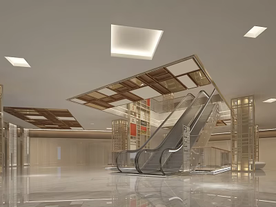 Modern Shopping Mall Lobby With Glass Escalator Shiny Marble Floor And Recessed Ceiling Lights 3d model