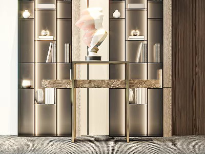 Elegant Console Table With Marble Top Built In Shelves Ambient Lighting And Decorative Sculpture 3d model