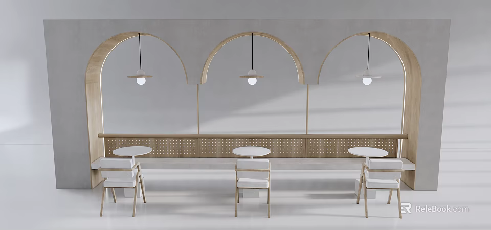 Modern Restaurant Interior Featuring Arched Structures Pendant Lights Bench Seating Round Tables And Light Tones 3d model