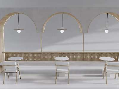 Modern Restaurant Interior Featuring Arched Structures Pendant Lights Bench Seating Round Tables And Light Tones 3d model