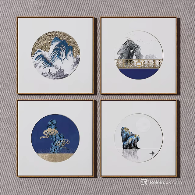 Chinese Style Circular Decorative Paintings With Mountain Rock And Blue Motifs 3d model 
