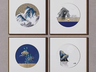 Chinese Style Circular Decorative Paintings With Mountain Rock And Blue Motifs 3d model