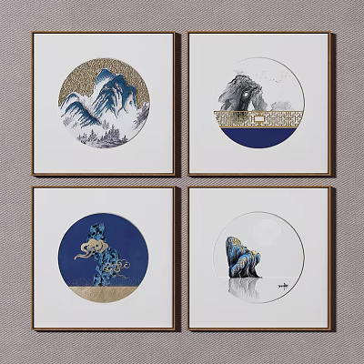 Chinese Style Circular Decorative Paintings With Mountain Rock And Blue Motifs 3d model