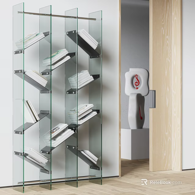 Modern Glass and Metal Bookshelf with Books on Shelves and Wooden Wall Decorative Sculpture 3d model 
