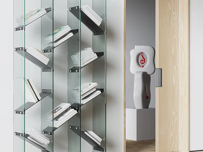 Modern Glass and Metal Bookshelf with Books on Shelves and Wooden Wall Decorative Sculpture 3d model