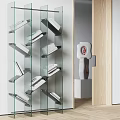 Modern Glass and Metal Bookshelf with Books on Shelves and Wooden Wall Decorative Sculpture