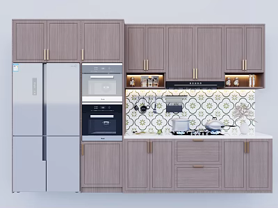 Modern Wooden Kitchen Cabinets With Stainless Steel Refrigerator Oven And Patterned Tile Backsplash 3d model
